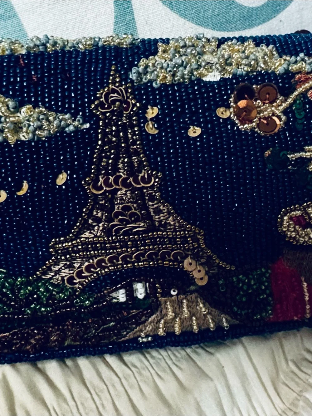 New Viral Paris Beaded Navy Bag with Paris Motif